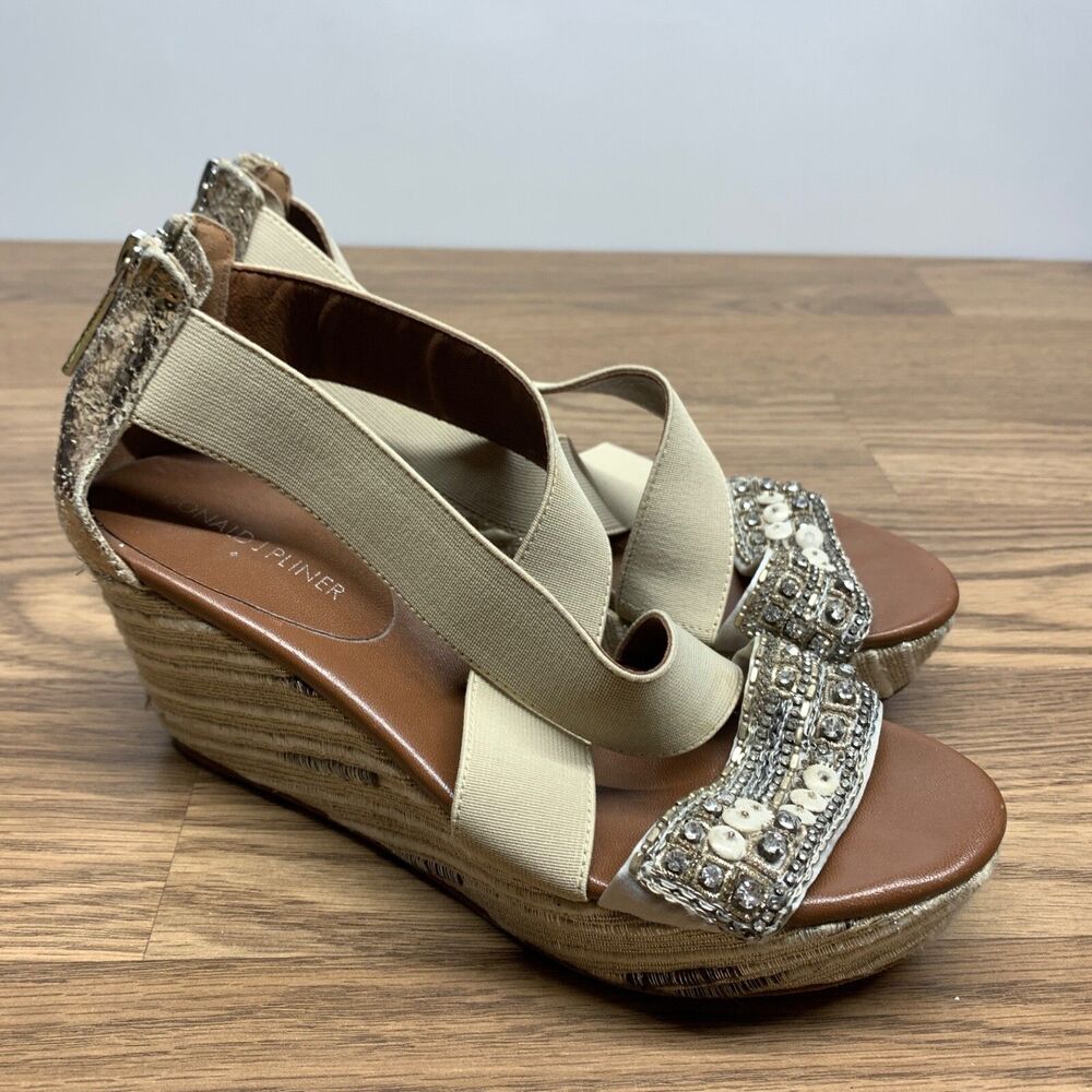 Donald Pliner Espadrille‎ Wedge Shoes 6.5 M Ankle Strap Sandals Beige Sequin